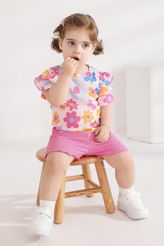 صغيرة Cutey طفل رضيع فتاة ملابس الرضع الصيف أزهار لطيفة طباعة الزي تكدرت تي شيرتات قصيرة الاكمام والسراويل 2 قطعة مجموعة in Kuwait