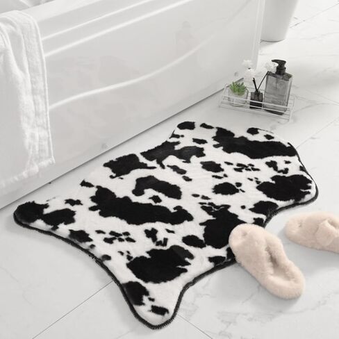Cute Cow Bathroom Rug, 24''×47'' Animal Skin Soft and Thick Bath Mat, Faux Funny Rabbit Fur Area Rug, Non-Slip Bathroom Decor, Absorbent Flocked Carpet for Living Room Bathtub (Coffee) in Saudi Arabia