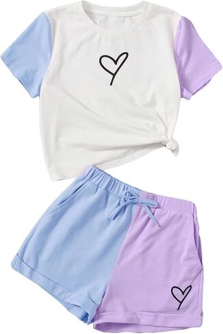 Floerns Girl's Colorblock Short Sleeve Tee Shirt with Shorts Set Two Piece Outfit in Saudi Arabia