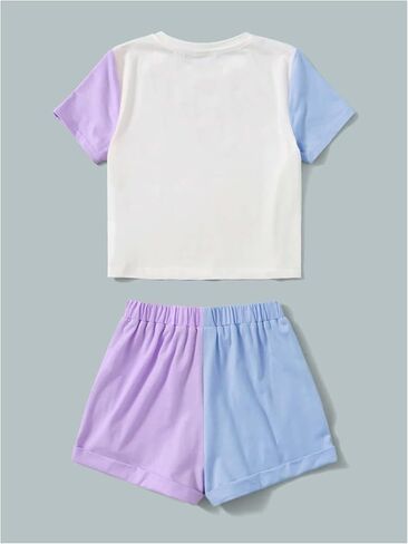 Floerns Girl's Colorblock Short Sleeve Tee Shirt with Shorts Set Two Piece Outfit in Saudi Arabia