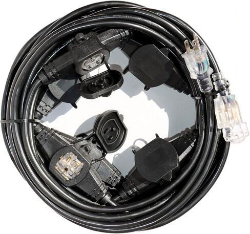 25FT Power Extension Cord 3 Prong, 16 Gauge SJTW 5-15R Cable Male Plug to Female Connector,7 Outlet Cable,Multiple Evenly-Spaced Plug,Suitable for Stage Setting or Outdoor,UL Certified Outlet Cable in Saudi Arabia