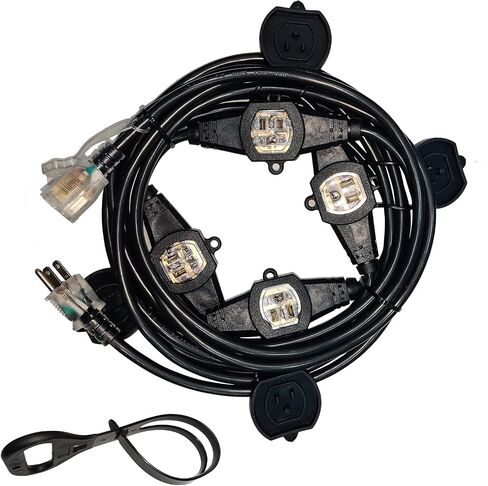 25FT Power Extension Cord 3 Prong, 16 Gauge SJTW 5-15R Cable Male Plug to Female Connector,7 Outlet Cable,Multiple Evenly-Spaced Plug,Suitable for Stage Setting or Outdoor,UL Certified Outlet Cable in Saudi Arabia