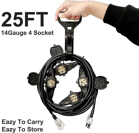 25FT Power Extension Cord 3 Prong, 16 Gauge SJTW 5-15R Cable Male Plug to Female Connector,7 Outlet Cable,Multiple Evenly-Spaced Plug,Suitable for Stage Setting or Outdoor,UL Certified Outlet Cable in Saudi Arabia