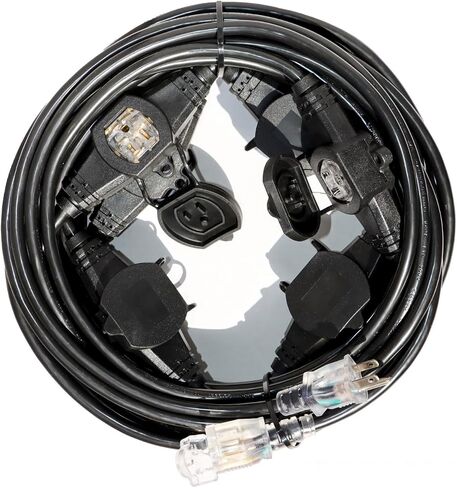 25FT Power Extension Cord 3 Prong, 16 Gauge SJTW 5-15R Cable Male Plug to Female Connector,7 Outlet Cable,Multiple Evenly-Spaced Plug,Suitable for Stage Setting or Outdoor,UL Certified Outlet Cable in Saudi Arabia