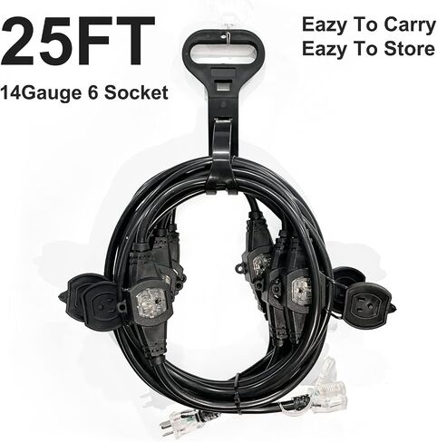 25FT Power Extension Cord 3 Prong, 16 Gauge SJTW 5-15R Cable Male Plug to Female Connector,7 Outlet Cable,Multiple Evenly-Spaced Plug,Suitable for Stage Setting or Outdoor,UL Certified Outlet Cable in Saudi Arabia