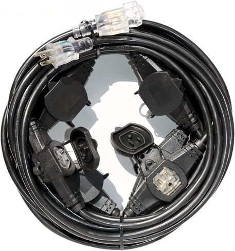 25FT Power Extension Cord 3 Prong, 16 Gauge SJTW 5-15R Cable Male Plug to Female Connector,7 Outlet Cable,Multiple Evenly-Spaced Plug,Suitable for Stage Setting or Outdoor,UL Certified Outlet Cable in Saudi Arabia