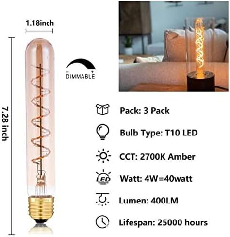 Dimmable 4W Tube LED Eison Bulb, T10 Vintage Long LED Bulb 40 Watt Equivalent Warm White 2700K, E26 Medium Base Amber Colored 7.3 Inch Long tubular edison bulb, 3 Pack in Saudi Arabia