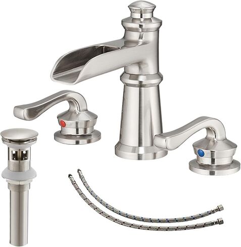 Chrome Bathroom Sink Faucet, Bathroom Faucet 3 Hole, Widespread Bathroom Faucet, 8 Inch Waterfall 2 Handle with Pop Up Drain with Overflow Set Polished Vanity Mixer Tap Commercial Modern in Kuwait