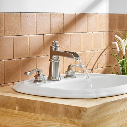 Chrome Bathroom Sink Faucet, Bathroom Faucet 3 Hole, Widespread Bathroom Faucet, 8 Inch Waterfall 2 Handle with Pop Up Drain with Overflow Set Polished Vanity Mixer Tap Commercial Modern in Kuwait