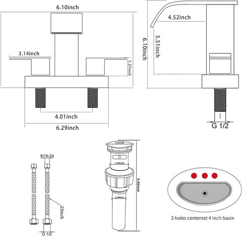 شلال الحمام واسع النطاق صنبور الكروم GGStudy 3 ثقوب 2 مقبض الحديثة بالوعة الحمام صنبور مع أداة تصريف منبثقة in Kuwait