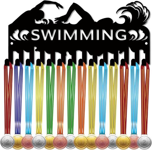 CREATCABIN Triathlon Medal Holder Swim Bike Run Medal Hanger Display Rack Frame Sports Hanging Athlete Awards Iron Small Wall Mount Decor with 14 Hooks for Wall Home Badge Medalist Black 11.4x4.2Inch in Saudi Arabia