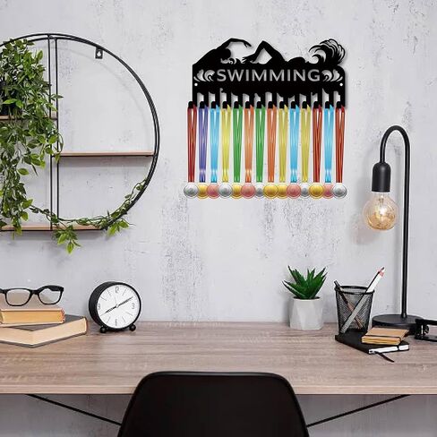 CREATCABIN Triathlon Medal Holder Swim Bike Run Medal Hanger Display Rack Frame Sports Hanging Athlete Awards Iron Small Wall Mount Decor with 14 Hooks for Wall Home Badge Medalist Black 11.4x4.2Inch in Saudi Arabia
