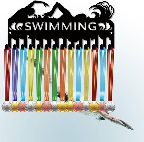 CREATCABIN Triathlon Medal Holder Swim Bike Run Medal Hanger Display Rack Frame Sports Hanging Athlete Awards Iron Small Wall Mount Decor with 14 Hooks for Wall Home Badge Medalist Black 11.4x4.2Inch in Saudi Arabia