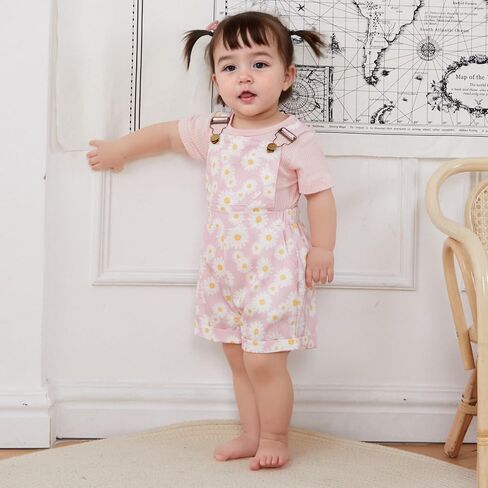 Toddler Baby Girls Summer Outfits T-Shirt Overalls Shorts Set | Short Sleeve Ribbed Shirt, Flower/Apple/Strawberry/Camo/Star/Bee Suspender Overalls, Kid 2Pcs Clothing, Spring Clothes 12M-5Y in Kuwait