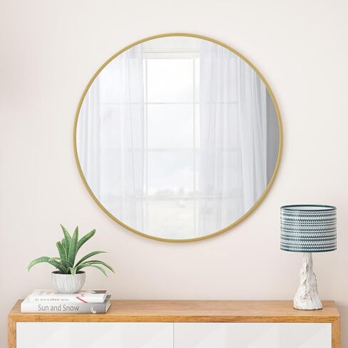 Elegant 28-Inch Round Wall Mirror - Black Metal Framed Circular Vanity and Dressing Mirror for Bathroom, Living Room, Bedroom Decor - Chic Mirror for Stylish Home Decoration in Saudi Arabia