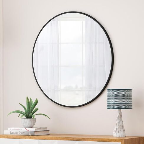 Elegant 28-Inch Round Wall Mirror - Black Metal Framed Circular Vanity and Dressing Mirror for Bathroom, Living Room, Bedroom Decor - Chic Mirror for Stylish Home Decoration in Saudi Arabia
