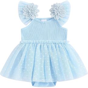 Hnyenmcko Newborn Baby Girl Summer Romper Dress Infant Fly Sleeve Flower Embroidery Mesh Tulle Skirt Hem Ribbed Bodysuit