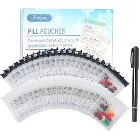 Serfeymi 32 Pcs Zippered Pill Pouches Organizer Plastic Bags 3 X 3 Inches 12 mil Self Sealing with Slide Lock Writable label Translucent Travel Medicine Storage Bag Case and 1 Pc Marker-Green