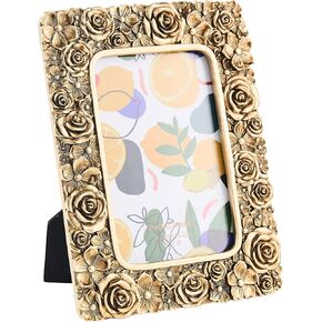 4x6 Picture Frame, Gold Rose Ornate Textured Hand-Crafted Resin Picture Frame with Easel, Hook & Mat, for Tabletop & Wall Gallery Photo Frames