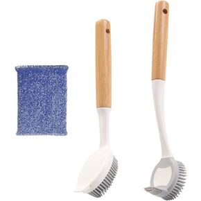 Dish Brush with Bamboo Handle Dish Scrubber, Silicone Dish Scrubber for Pans, Pots, Dishwashing and Cleaning Brushes (Pan Brush and Double Head Pan Brush)