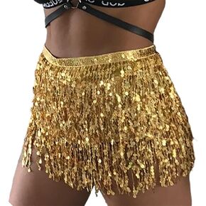 Sequin Belly Dance Skirt Hip Belt Tassel Female Scarf Wrap Rave Music Festival Costume for Women and Girls
