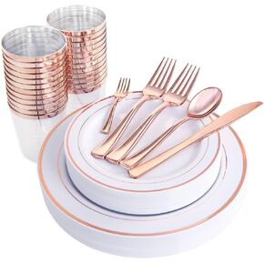 WDF Rose Gold Plastic Plates with Disposable Plastic Silverware,Rose Gold Glitter Pink Plastic Plates include 40 Dinner Plates,40 Salad Plates,40Forks, 40 Knives, 40 Spoons