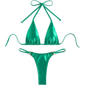 SOLY HUX Women's Metallic Bathing Suit Halter Triangle Bikini Sets Two Piece Swimsuit
