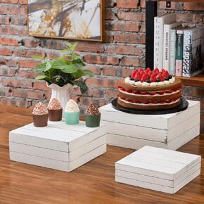 MyGift 3 Piece Vintage White Solid Dessert Cake and Cupcake Stand, Decorative Box Display Risers