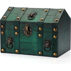 ELLDOO Vintage Treasure Chest Box, Pirate Keepsakes Box for Kids Gifts Pirate Theme Party, Wooden Treasure Storage Box Decorative Box for Jewelry Pearl Trinkets, Vintage Red