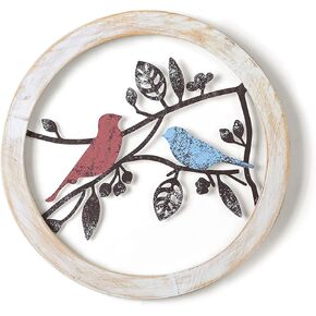 Walasis Bird Wall Decor Rustic - Farmhouse Wood Birds on Tree Branch Outdoor Wall Art Metal Wall Sculpture Bird Ornament Hanging for Bathroom Bedroom (1pc red blue)