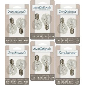 Scentsationals 20w Wax Warmer Bulbs, 20 Watt Light Bulb Candelabra E12 Base - Replacement Plug-in Medium Mid Size or Sconce Wax Melter, Certified Style G30 120 Volt (6-Pack - 12 Bulbs)