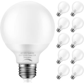 10 Pack Dimmable G25 Globe Light Bulbs LED, 6W=40W Replacement, Daylight White 5000K, E26 Medium Base, Ideal for Bathroom Vanity, Makeup Mirror or Sputnik Light, 120V, Round Light Bulbs