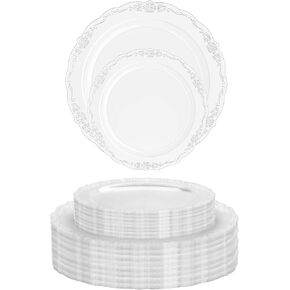 أطباق بلاستيكية فيكتورية رائعة مكونة من 80 قطعة من الأطباق البلاستيكية للاستعمال مرة واحدة لمجموعة الحفلات لـ 40 ضيفًا، أطباق حلوى مقاس 40 × 7.5 بوصة وأطباق بلاستيكية مقاس 40 × 10.25 بوصة للاستعمال مرة واحدة، شديدة التحمل باللونين الأبيض والبحري in Kuwait