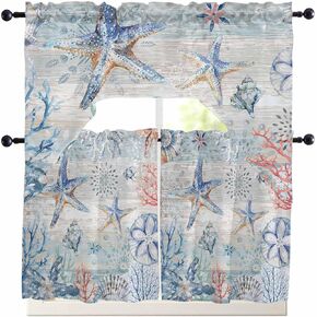 Coastal Octopus Swag Valance Kitchen Curtains,Rod Pocket Valance Curtain Panels for Bedroom Living Room Bathroom Cafe Windows,Starfish Coral Shell Conch Tropical Fish Blue 56''x36''