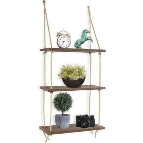 Greenco Decorative Rustic Jute Rope Wall Hanging Floating Shelves, Distressed Wood, 3 Tier
