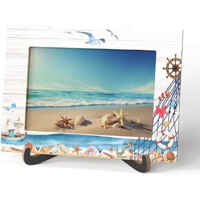 Beach Photo Frame - Nautical Beach Themed Wooden Desktop Picture Frame with Stand - Summer Home Cafe Decor - Birthday Housewarming Gifts for Family Friends Colleagues -A31