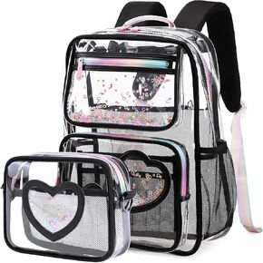 Girls Clear Backpack,2 PCS Clear Backpacks Set,Heavy Duty Bookbag Stadium Approved Daypack Transparent School Bag See Through Backpacks for Kids Elementary Middle School Students Teens Sport Beige