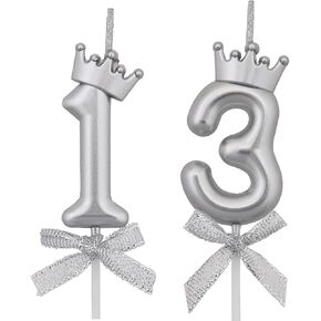13 Birthday Candles, 13th Cake Candles, Silver Happy Birthday Number 13 Candles Cake Topper Decorations for Party Kids Boys Girls