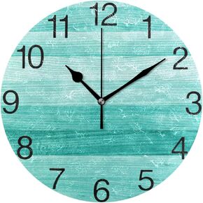 senya Teal Turquoise Green Wood Round Wall Clock, Silent Non Ticking Oil Painting Decorative for Home Office School Clock Art