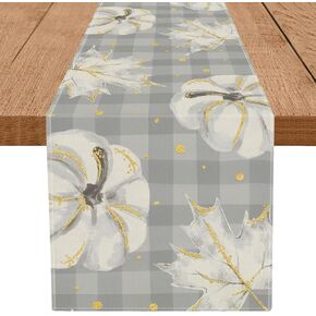 Fall Table Runner Gold Dots Pumpkin Maple Bufflo Plaid Table Decorations Seasonal Autumn Holiday Party Kitchen Dining Table Decor 13x60 Inch