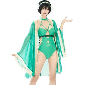 haikyuu Women Anime Derivative One-Piece Swimsuit Halter Hollow Side Lace-Up Bathing Suit with Cover-Up and Hariband