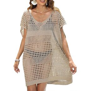 Womens Swimsuit Crochet Swim Cover Up Summer Bathing Suit Swimwear Knit Pullover V Neck Beach Dress