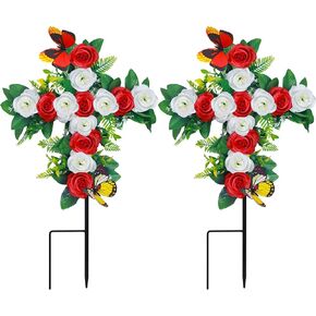 2 Sets Artificial Cemetery Flowers,Outdoor Grave Decorations Roses,Grave Flowers,Graveyard Cross Stake for Grave Decoration (2, Red White)