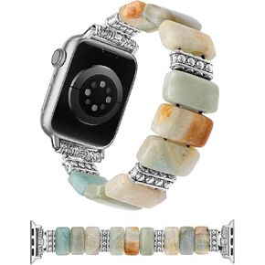 Moolia Natural Stone Bracelet Compatible with Apple Watch Band 41/40/38/42/44/45/49mm Women, Handmade Elastic Solo Loop Beaded Western Vintage Strap for iWatch Series 9 8 7 6 5 4 3 2 1 SE/Ultra