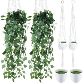 meekoo 2 جهاز كمبيوتر شخصى وهمية النباتات المعلقة مع وعاء وشماعات النبات الاصطناعي Pothos الكروم شنقا بوعاء النباتات الخضراء للداخلية في الهواء الطلق بوهو المنزل جدار مكتب الزينة (نبات الكرمة الخضراء) in Kuwait