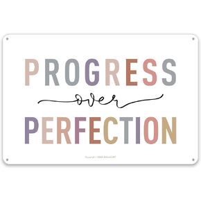 BEKUGART Progress Over Perfection Metal Wall Art - Boho Classroom Decor - Motivational Quote Poster for Kids Room Office - 12x8 in