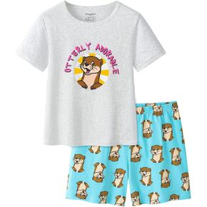 UNICABBIT21 Summer Pajamas for Girls Big Kids Cute Cartoon Soft Nighty Sleepwear 2-Piece Short Sleeve Set Size 6-16