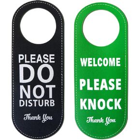 2Pcs Do Not Disturb + Welcome Please Knock Door Hanger Signs, Double Sided Privacy Signs for Door, PU Leather Door Hanger Tags for Home, Office, Hotel (Black+Green)