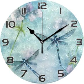 Watercolor Dragonflies Wall Clock, Silent Non Ticking Battery Operated Round Clock for Kitchen Office School Home Decorative