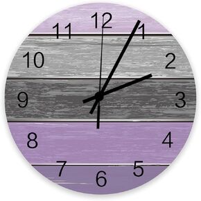 Purple Wooden Board Wall Clock 12 Inch Silent Non Ticking Round Wall Clocks, Vintage Country Style Gray and Purple Stripe Wall Clock, Battery Operated Clock Decorative for Living Room/Kitchen/Office